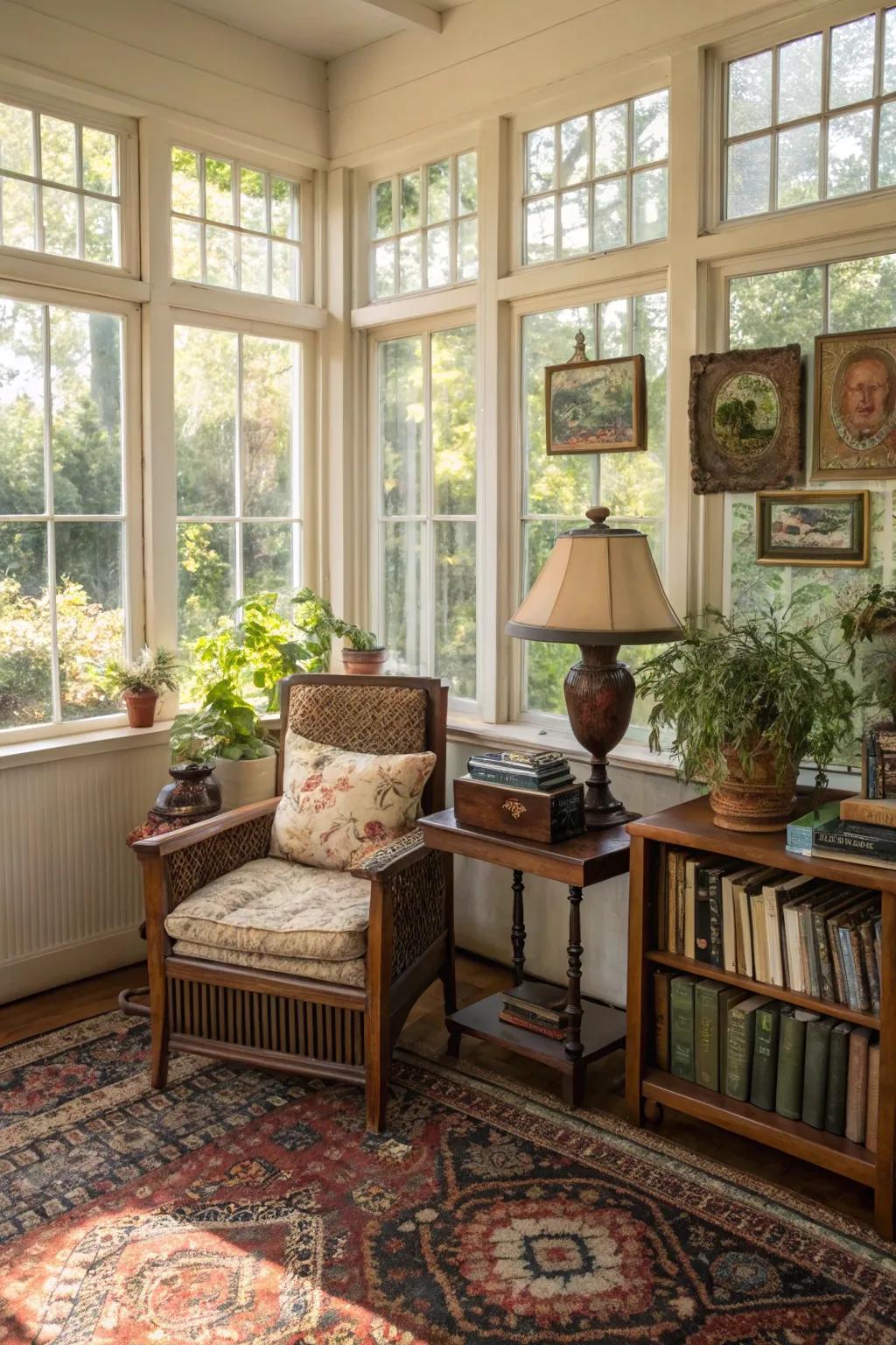 Vintage touches bring warmth and nostalgia to the sunroom.