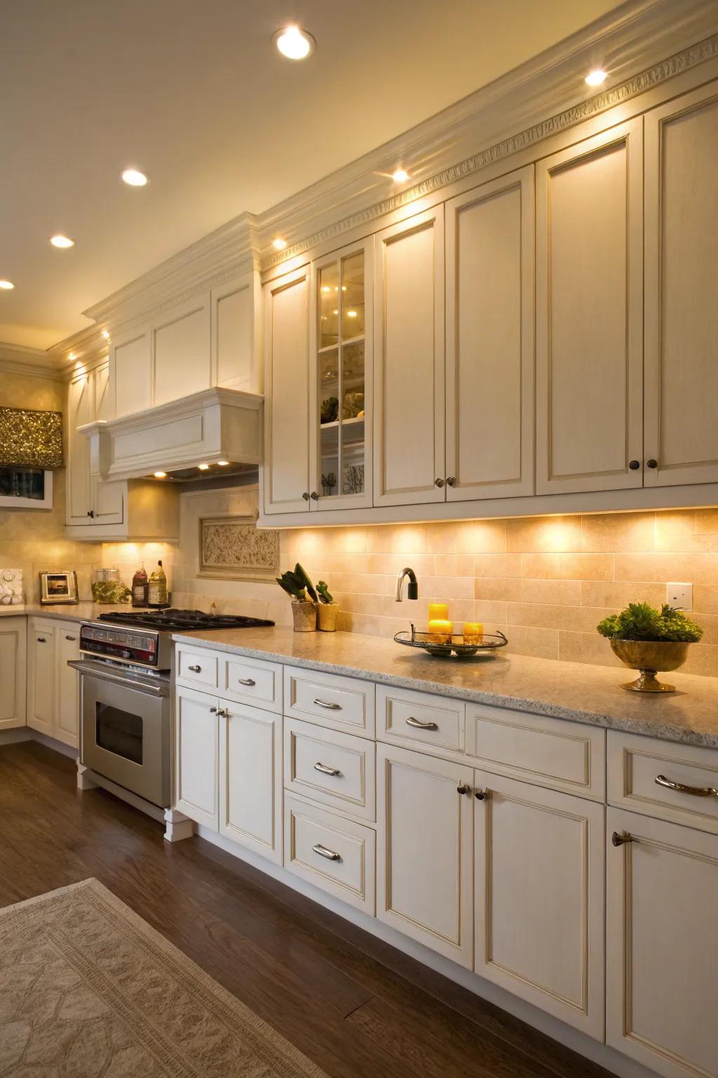 Ambient lighting creates a cozy atmosphere in white kitchens.