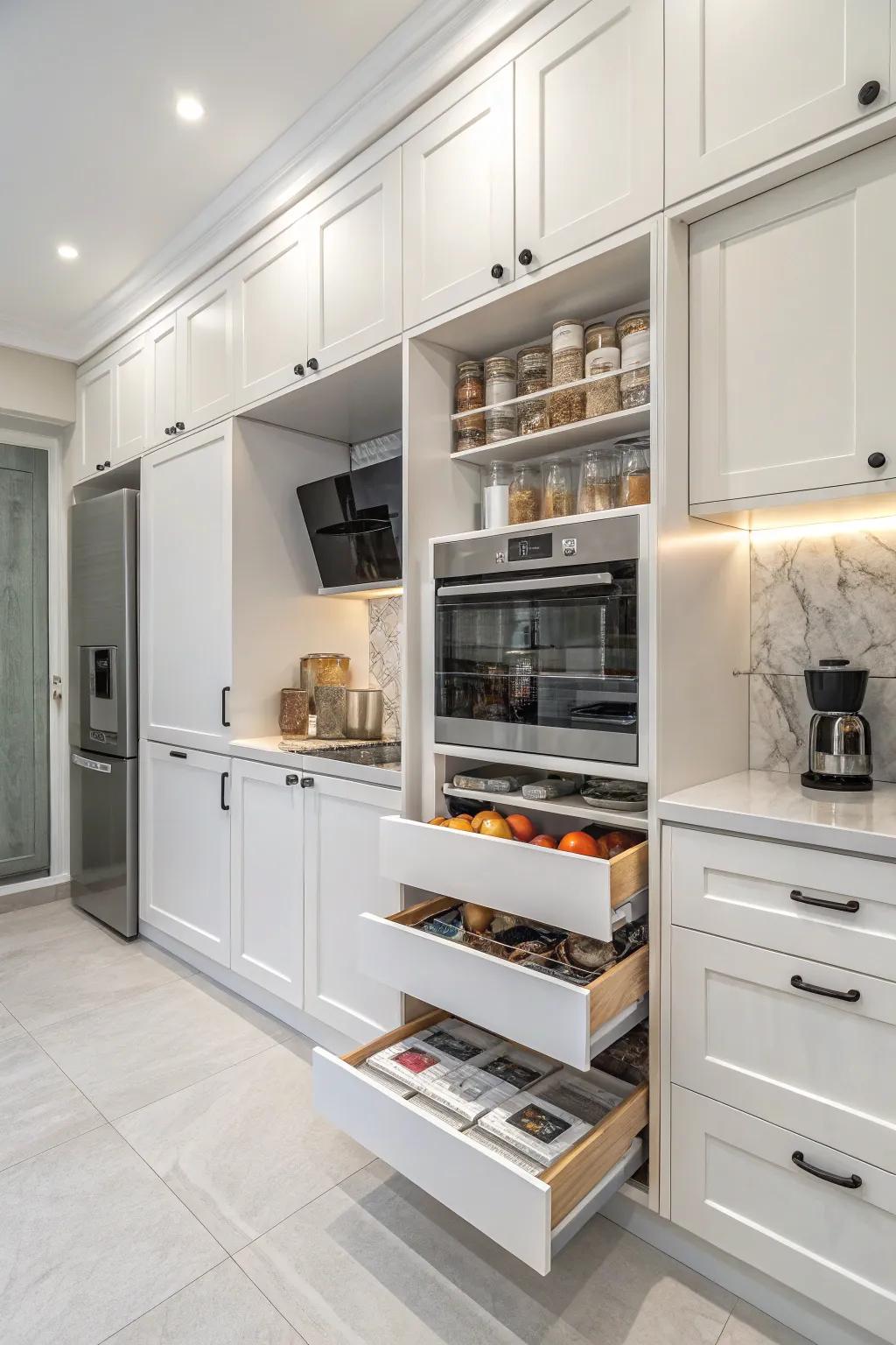 Smart storage solutions keep the white kitchen organized.
