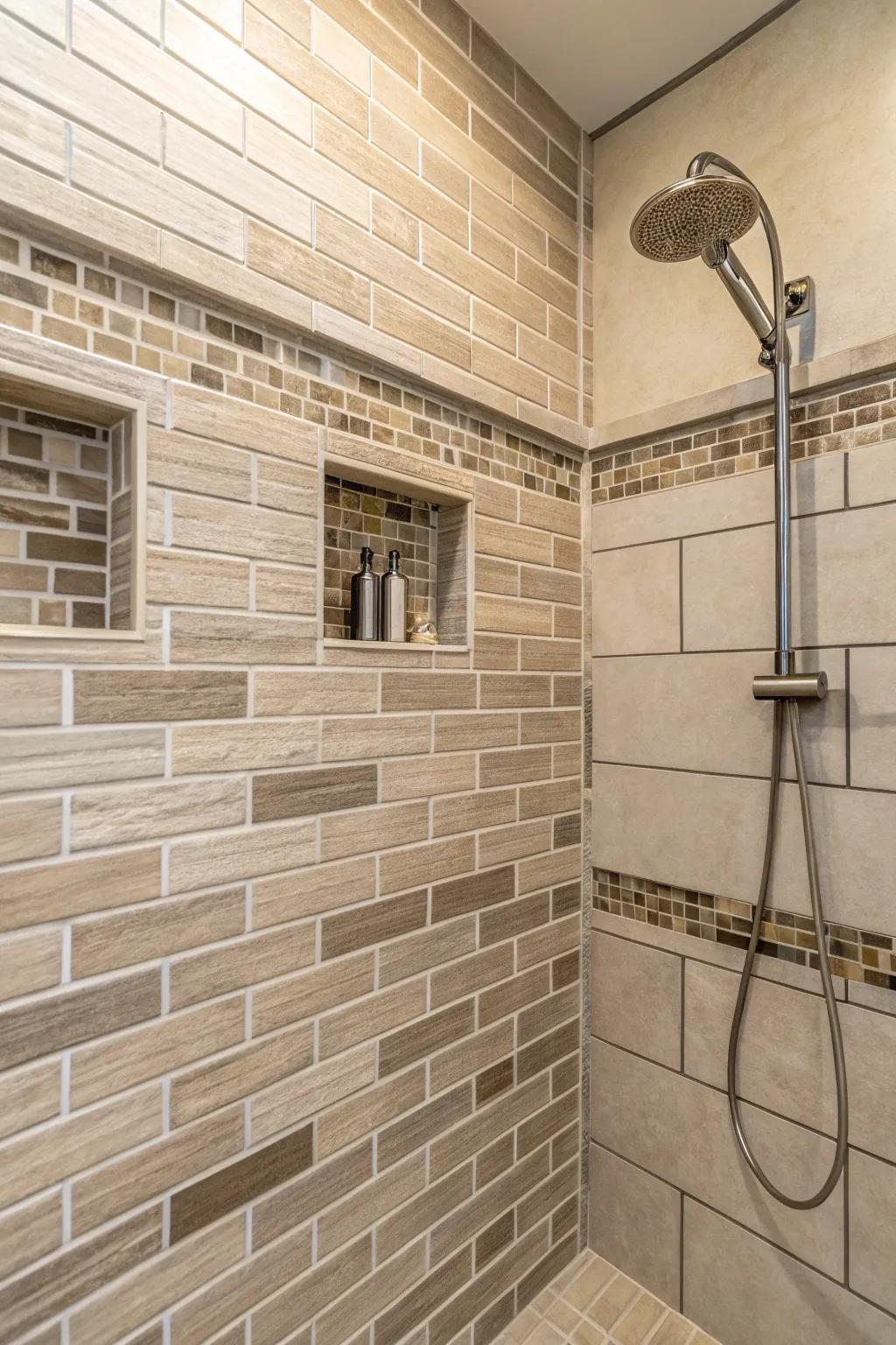 The staggered brick configuration provides a traditional sense to a modern shower.