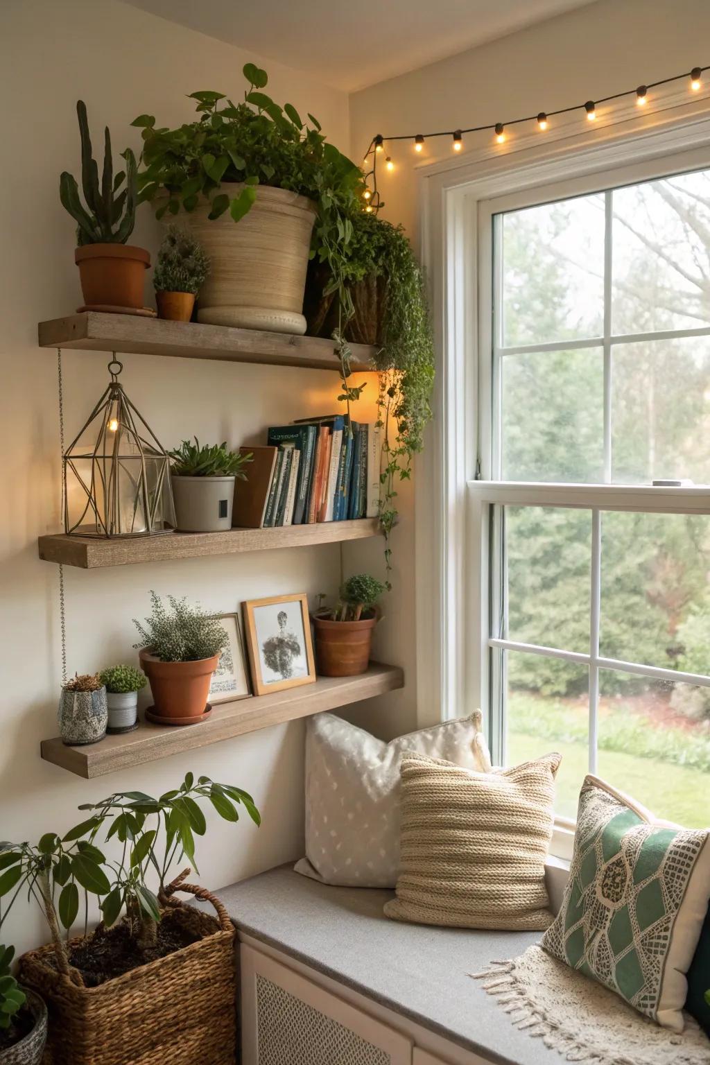 Floating shelves add functional beauty to window spaces.