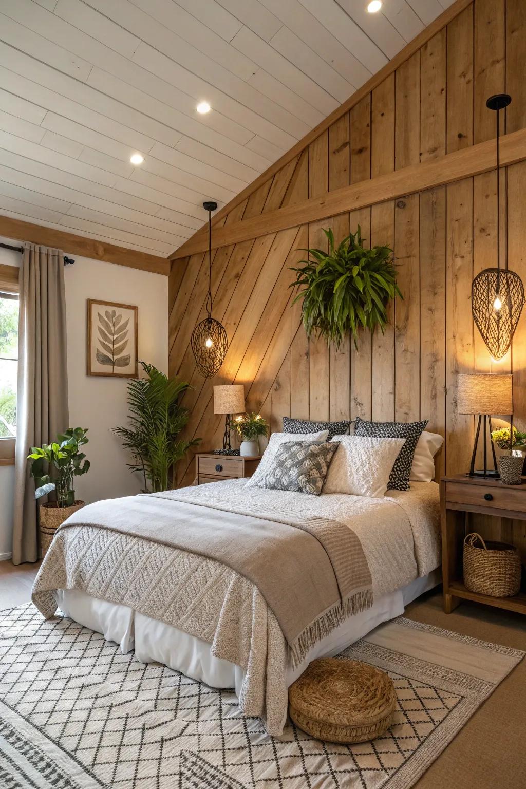 Wood paneling brings a touch of nature and warmth to this serene bedroom setting.