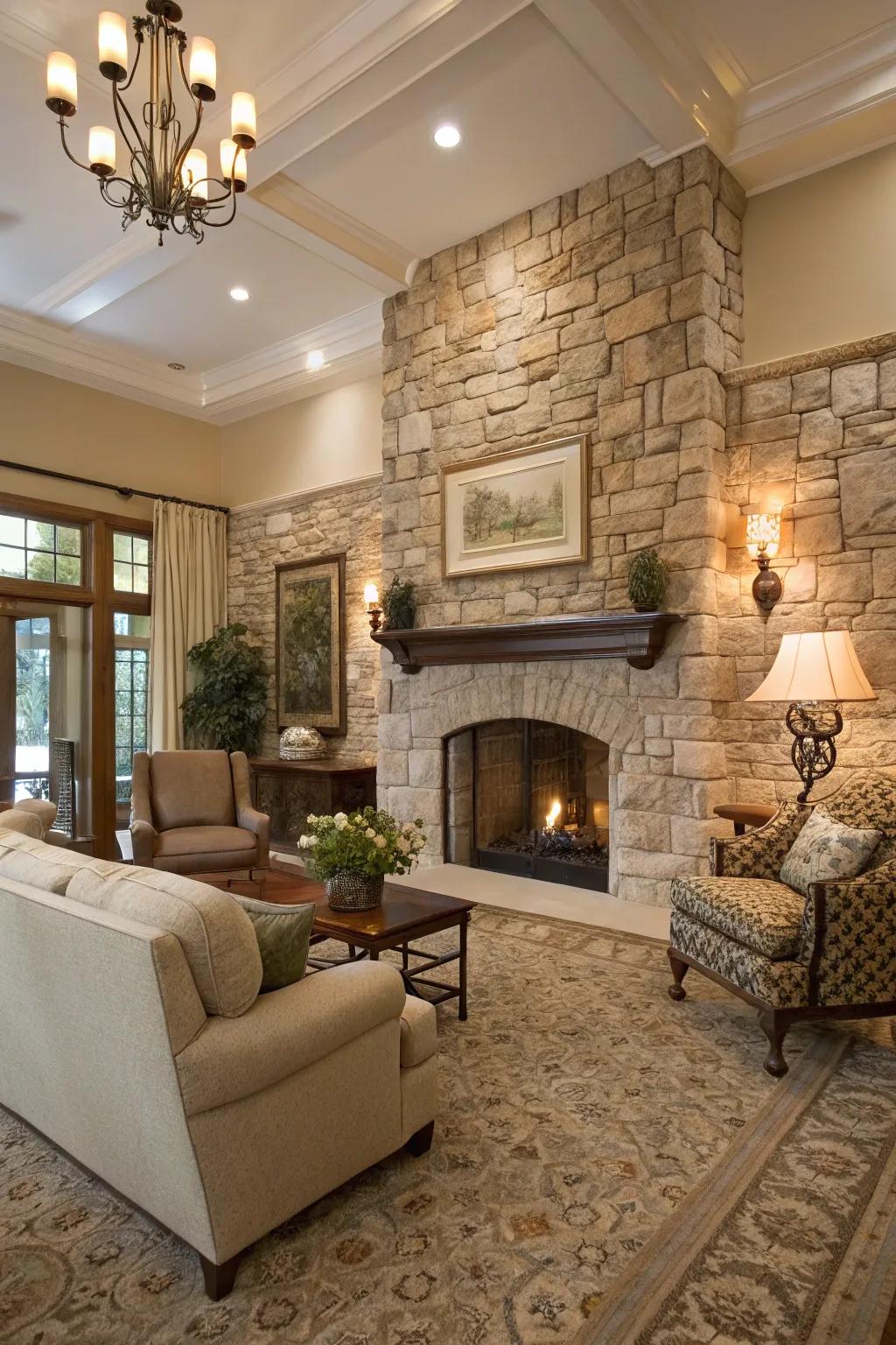 The textured stone accent wall adds elegance and warmth.