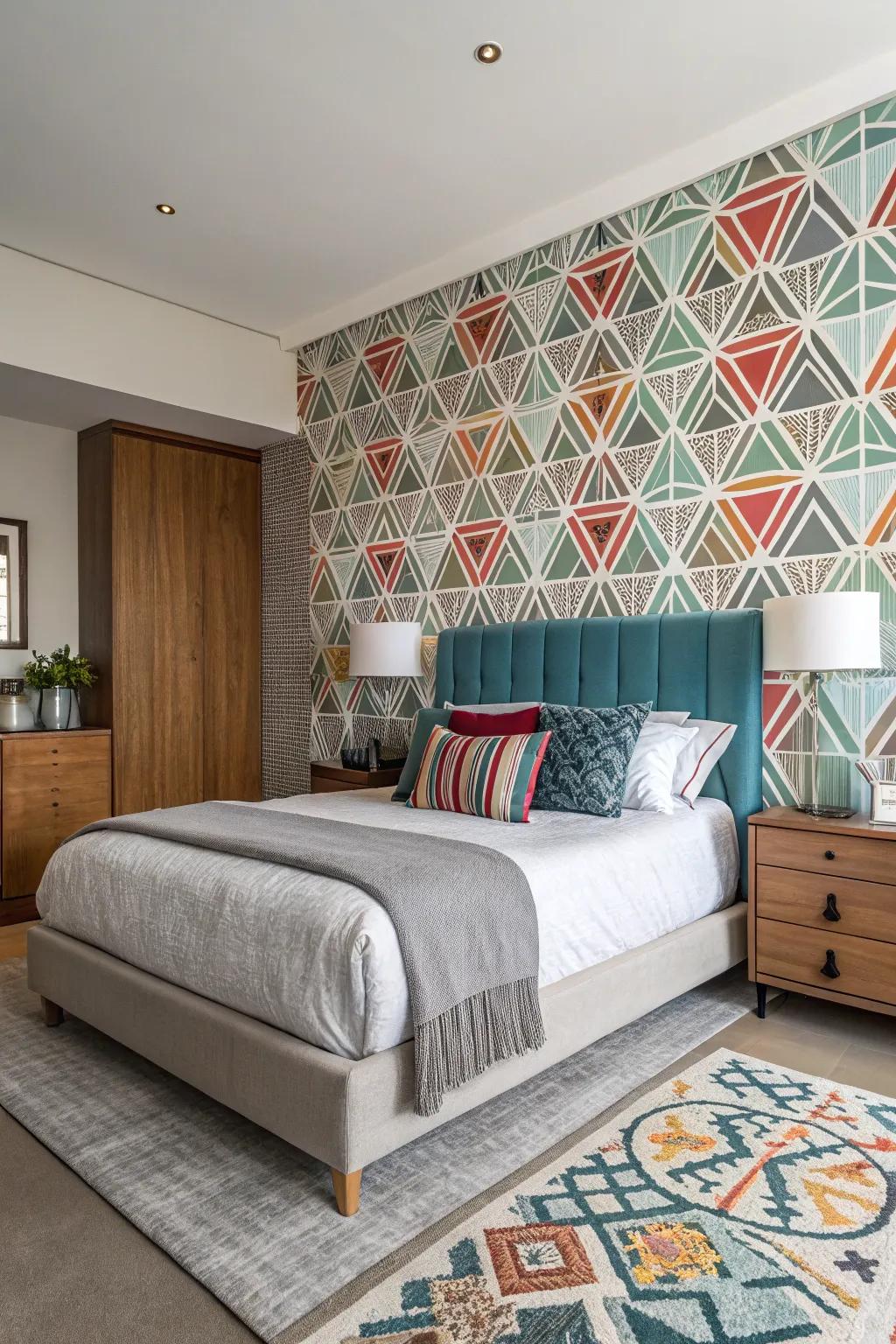 A geometric wallpaper creates a striking backdrop in a modern bedroom.