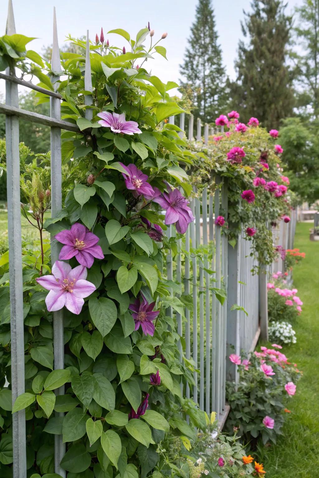 Flowering vines add romance to an aluminum fence.