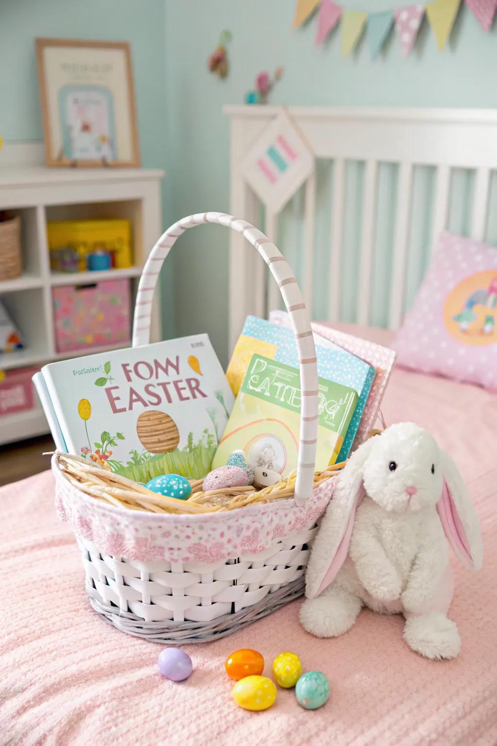 Easter-themed interactive books nestled in a basket.