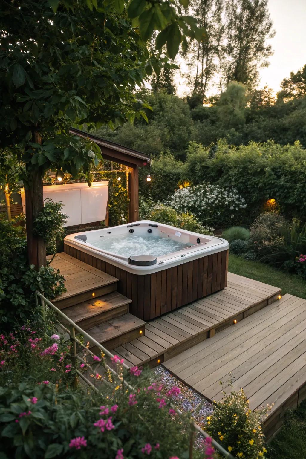 A sophisticated deck adds elegance to any hot tub setting.