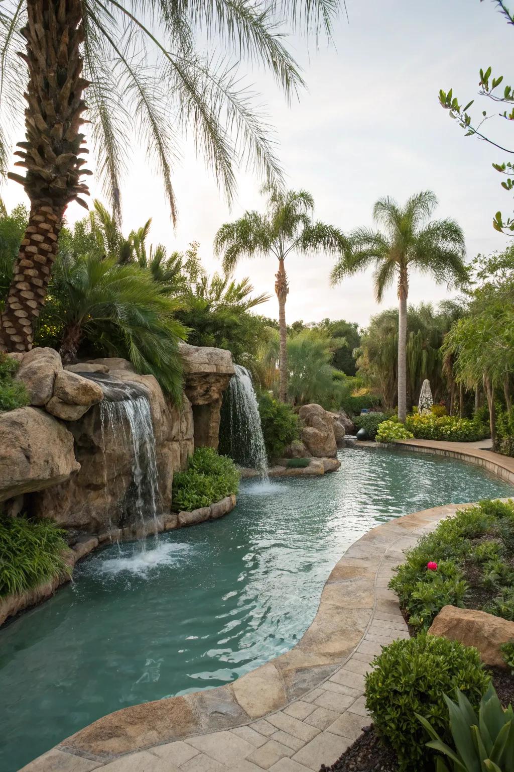 A waterfall cascading into a lazy river pool, adding elegance and serenity.