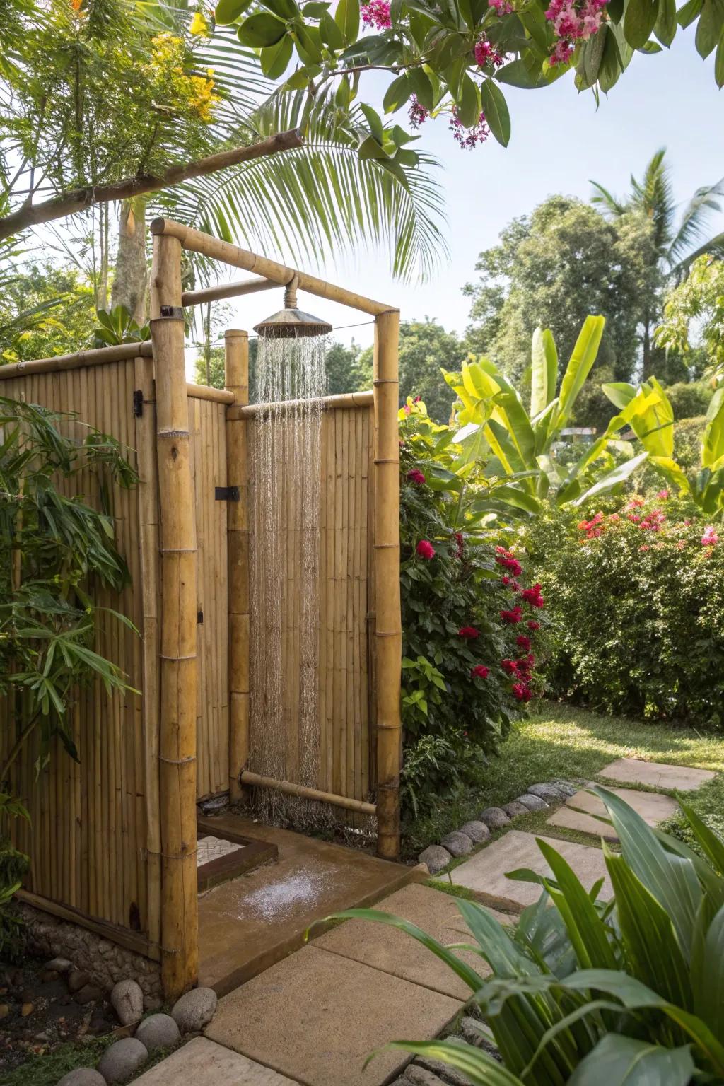 A tropical oasis outdoor shower with bamboo walls and abundant greenery.