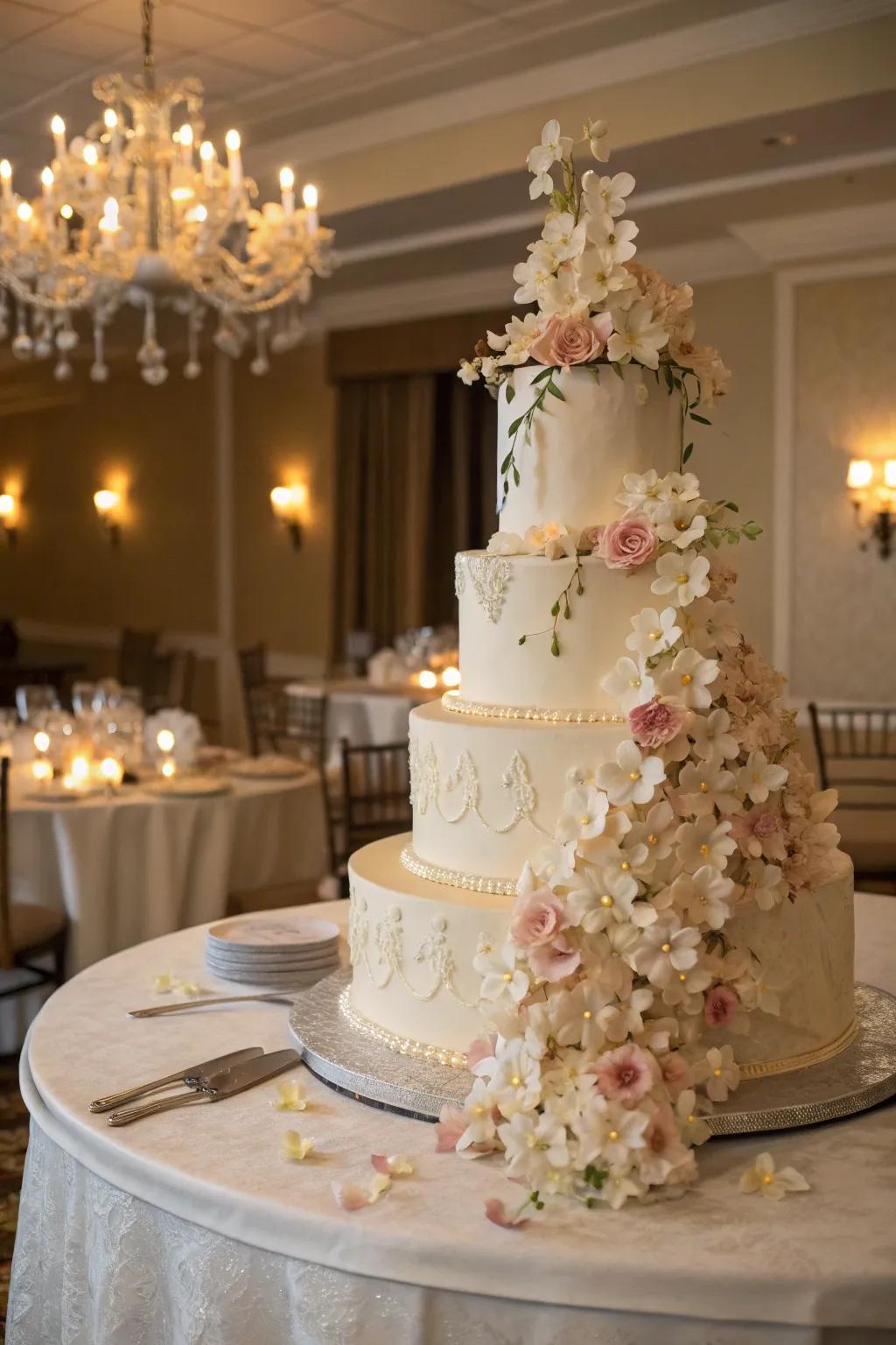 A sophisticated two-tiered cake with cascading sugar flowers.