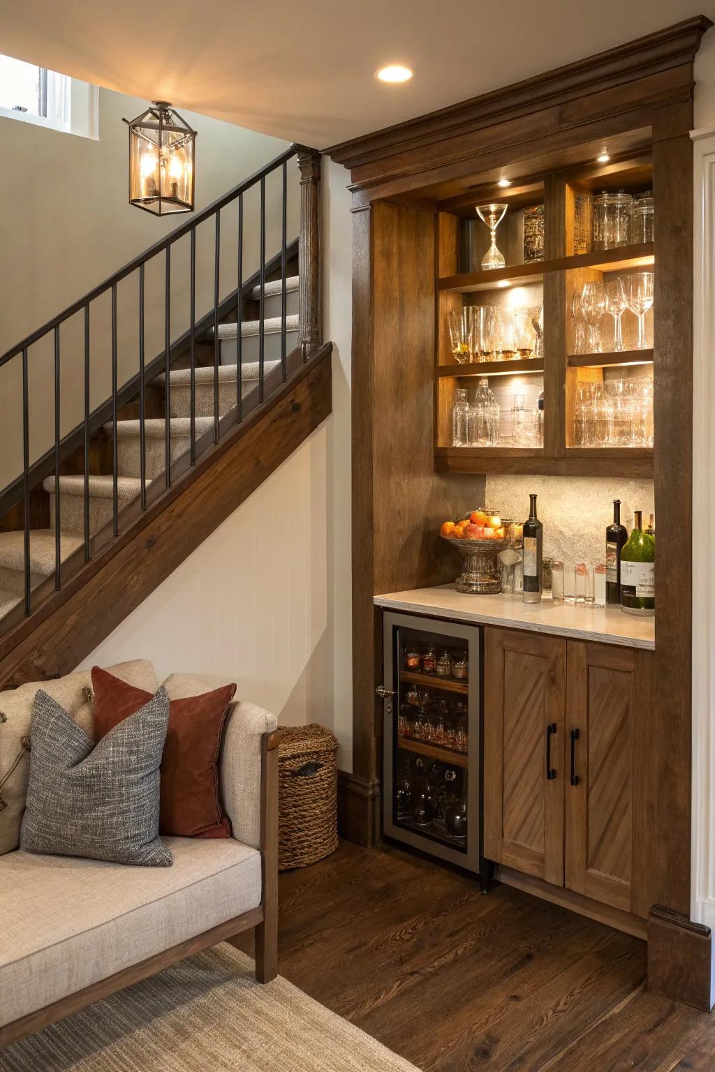 An intelligent utilization of space featuring a bar cabinet beneath the stairs.