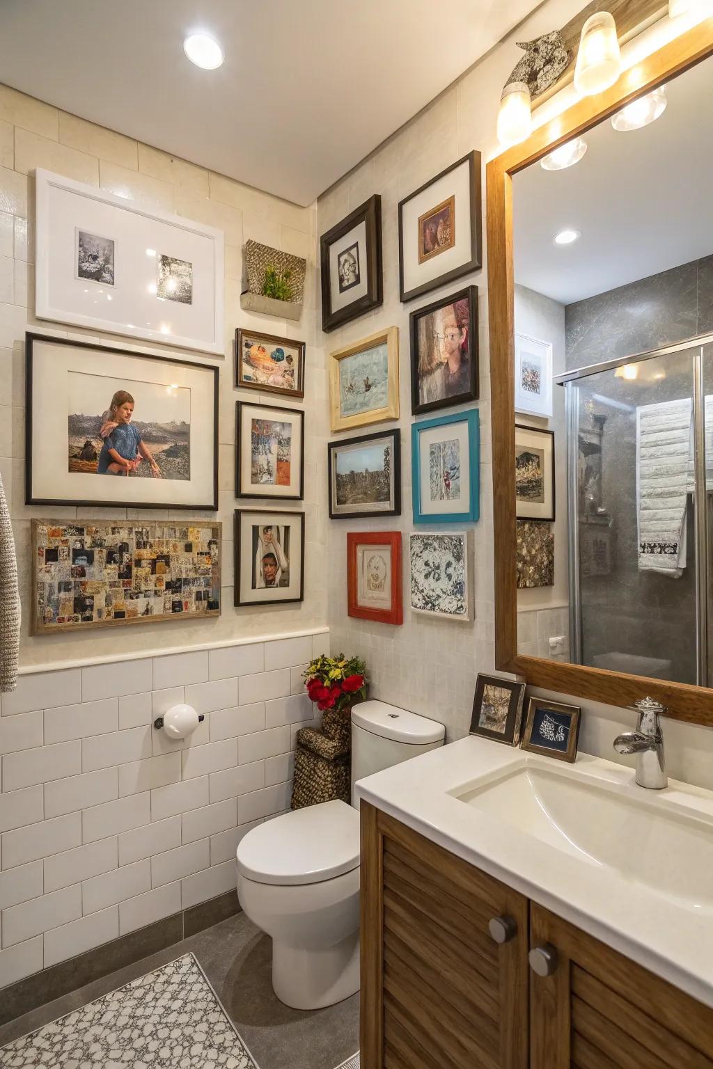 A gallery wall adds personality and depth to any bathroom.