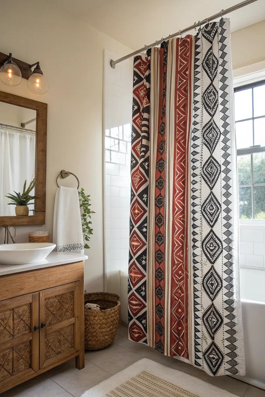 Bold patterned curtains transform your bathroom into an artistic statement.