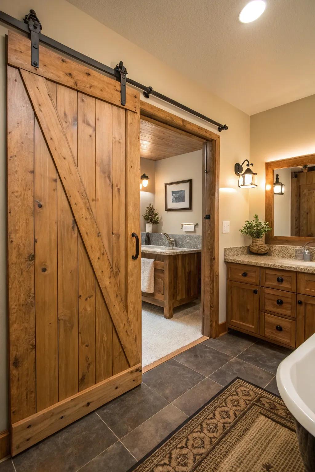 Rustic sliding barn doors bring timeless charm to any bathroom.