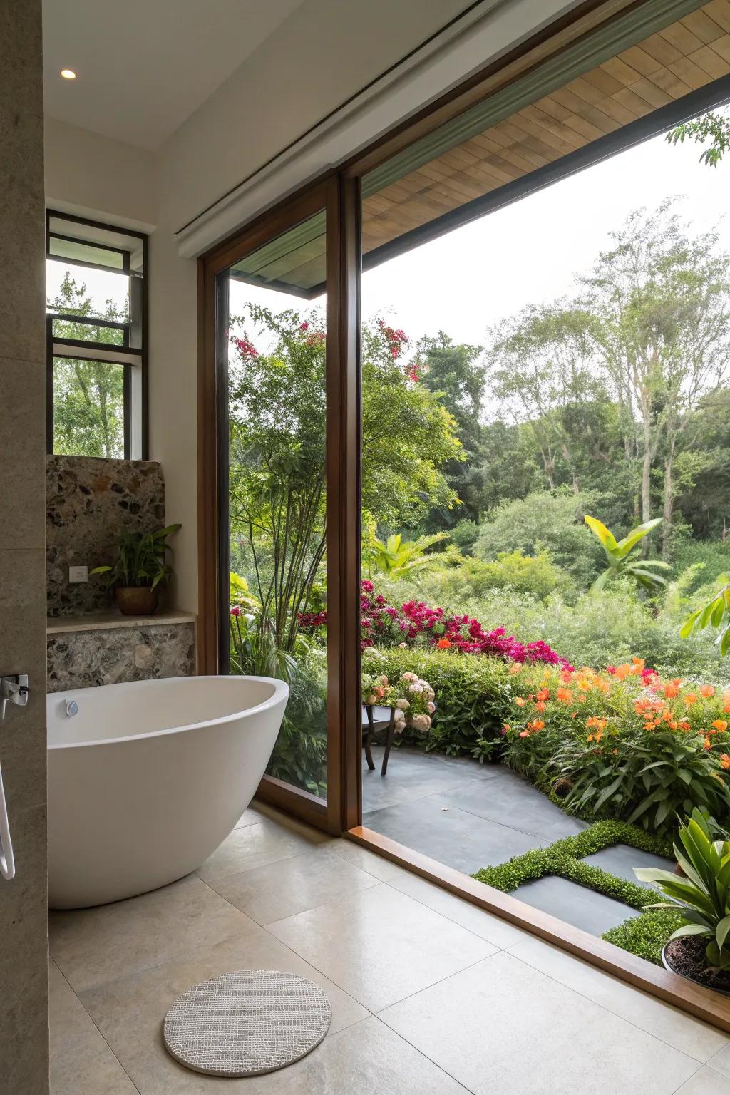 A modern bathtub with a view of a lush garden, blending indoor comfort with outdoor beauty.