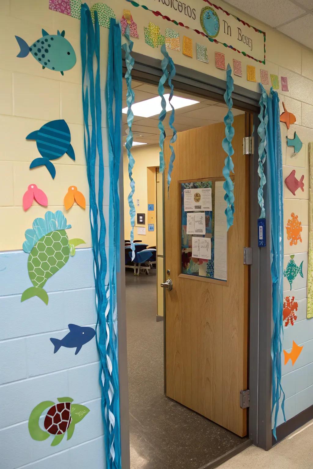 Under-the-sea adventure on a classroom door with colorful ocean creatures.