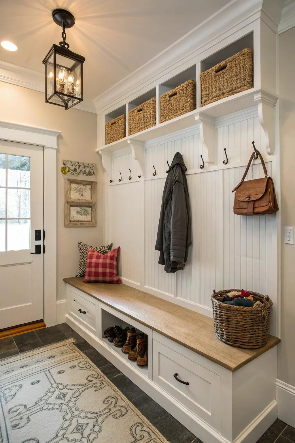 An elegant entryway featuring beadboard walls and functional storage.