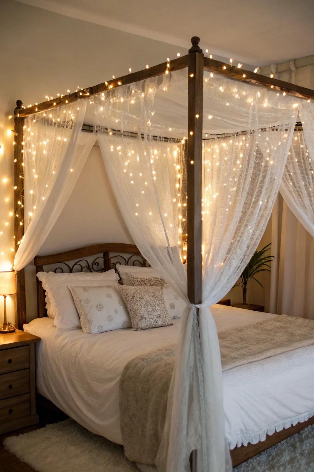 Evoke a dreamy atmosphere with a canopy bed frame highlighted by soft lights.