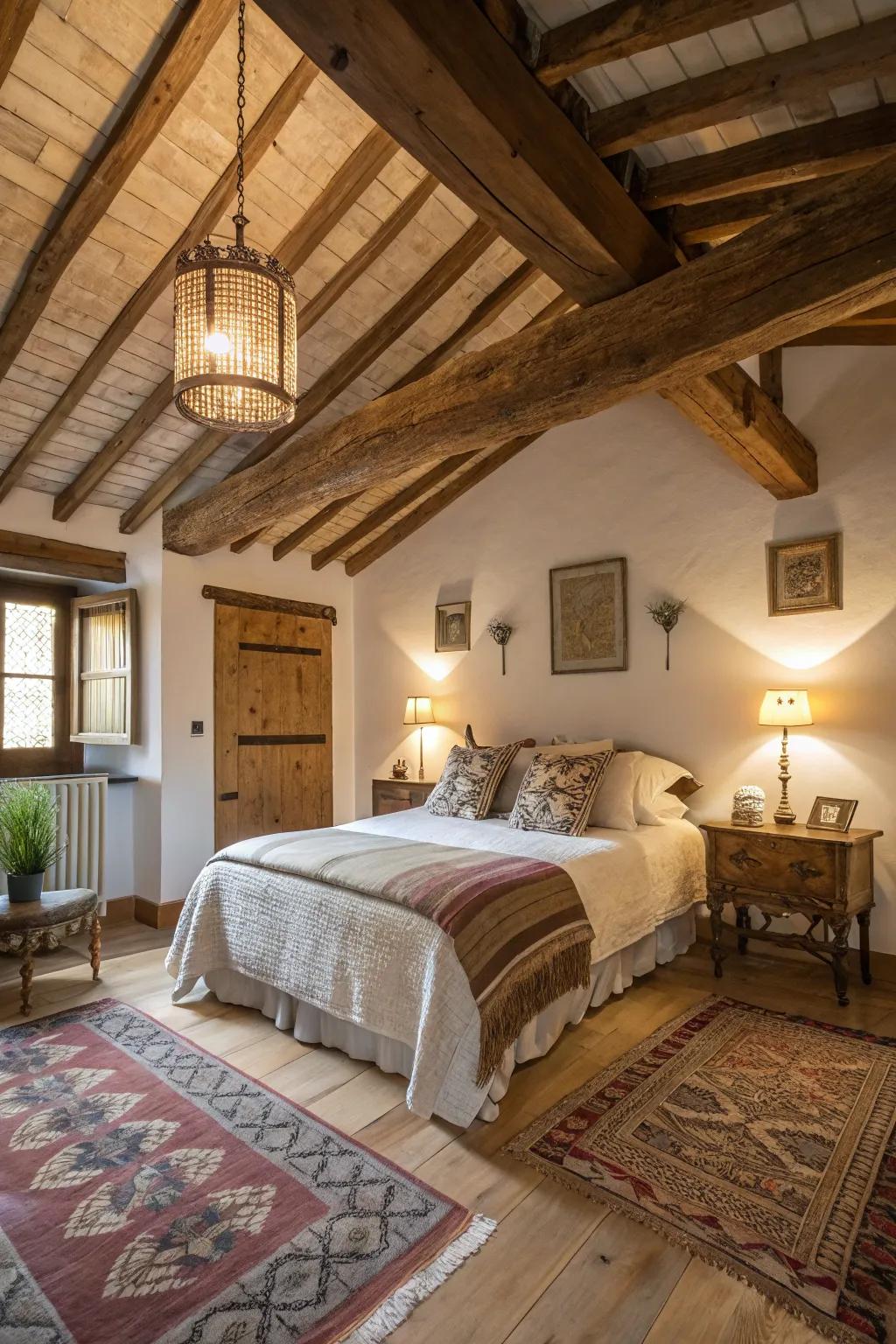 Create a cozy retreat with wooden beams.