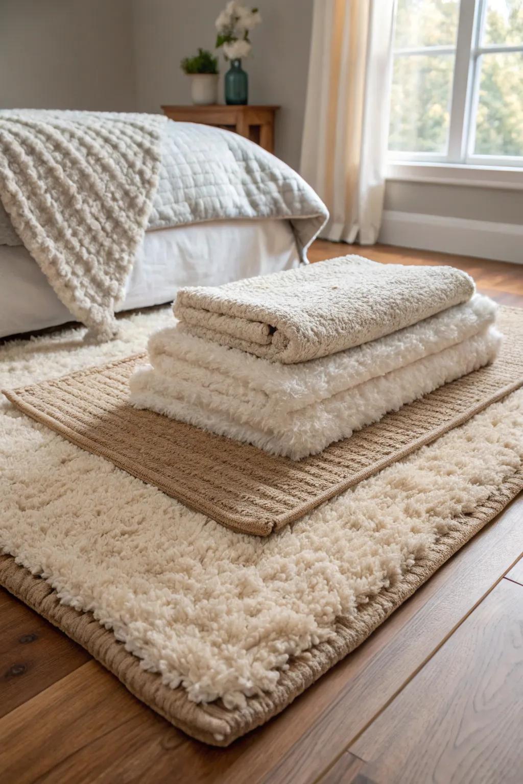 Superimposed floor coverings introduce richness and warmth within a bedroom.