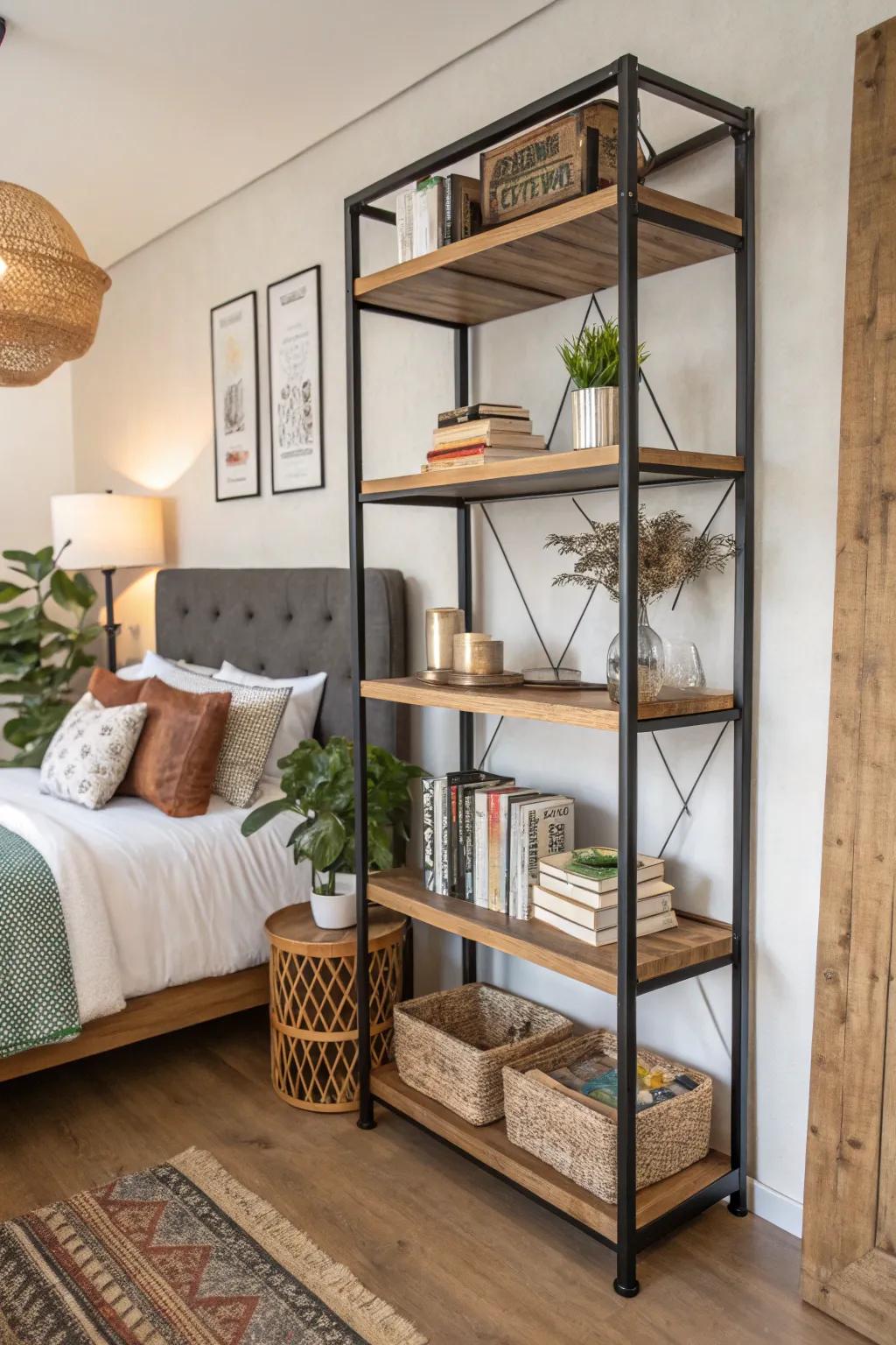 Mixed materials create a striking contrast in bedroom shelving.