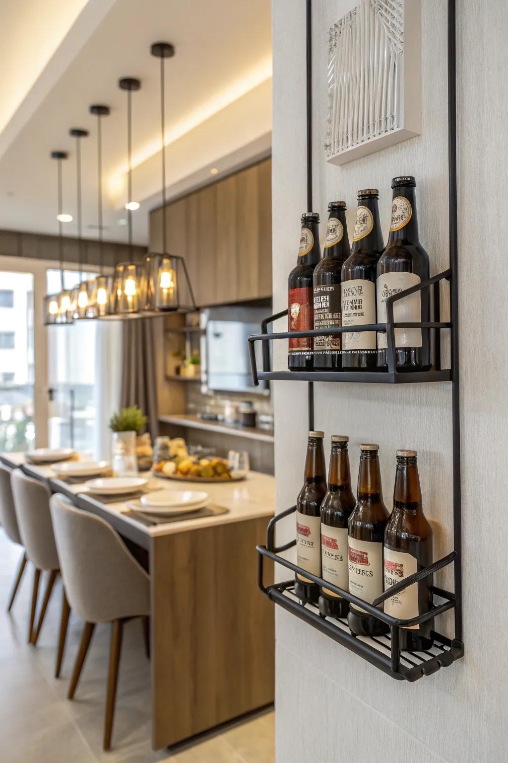 A contemporary wall-affixed beer bottle stand in a dining space.