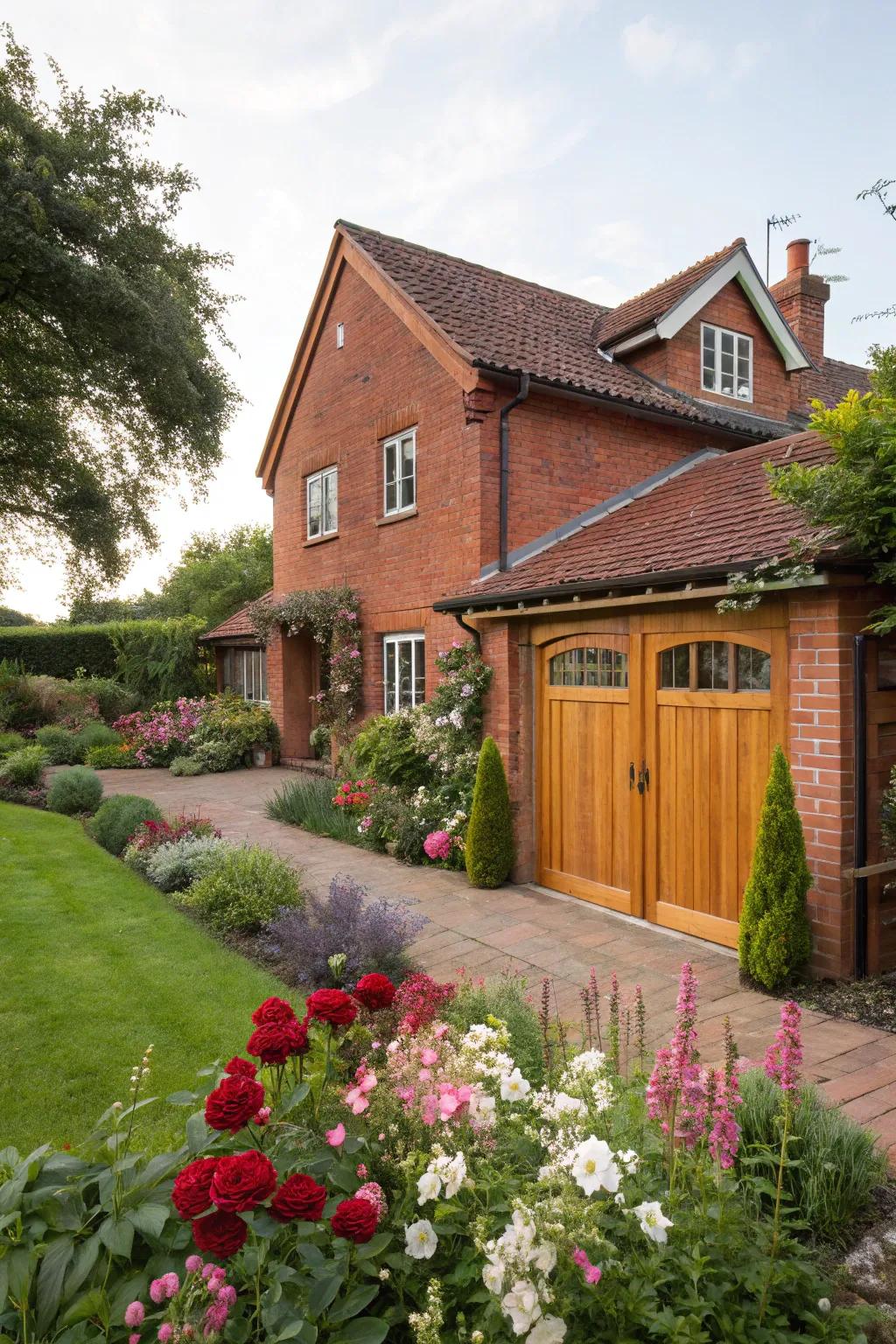 For red brick exteriors, wooden garage doors offer a traditional and inviting appearance.
