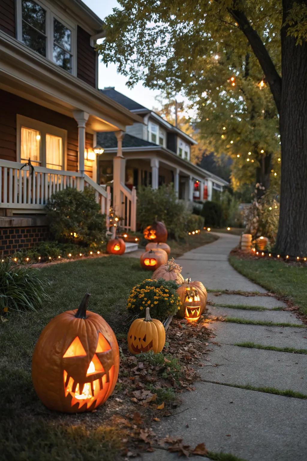 A pumpkin pathway lights the way for trick-or-treaters.