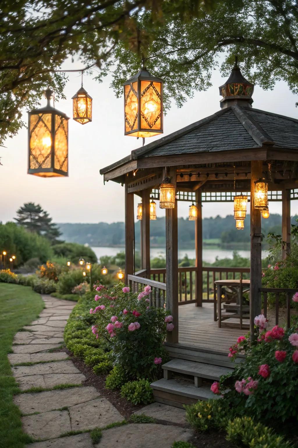 Hanging lanterns offer a timeless elegance to any gazebo.