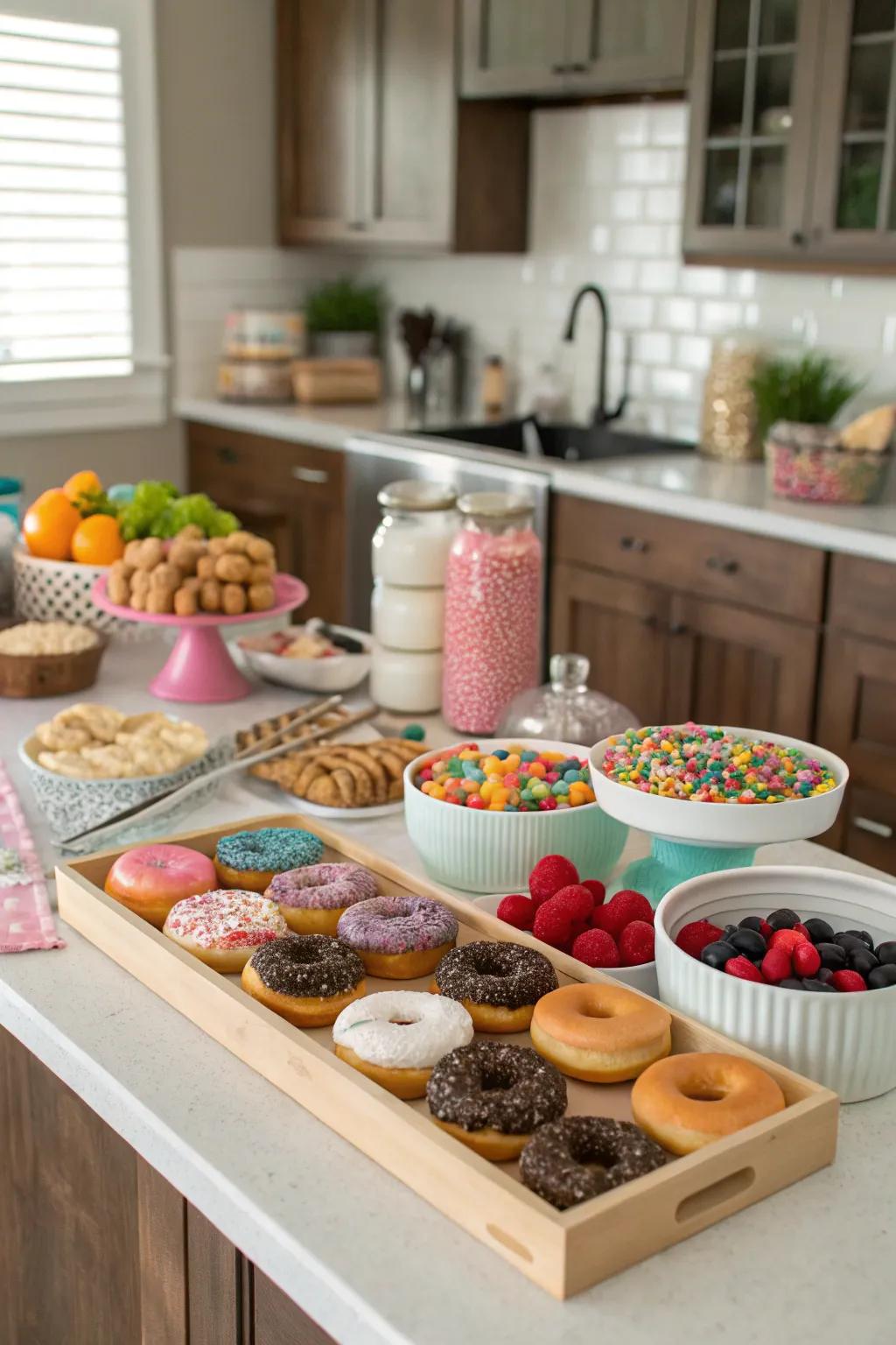 A fun donut decorating station with endless possibilities.