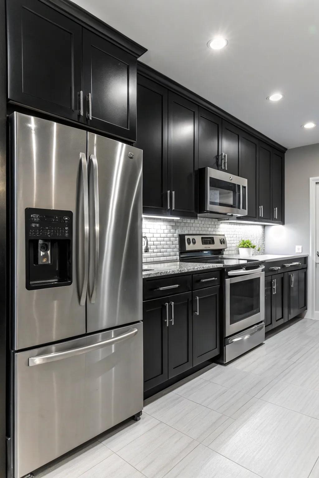 Stainless steel appliances add elegance to this black and white kitchen.