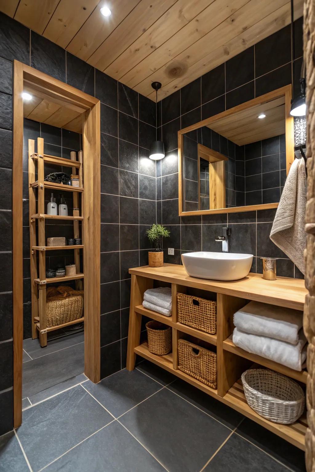 Wooden accents bring warmth to a black bathroom design.