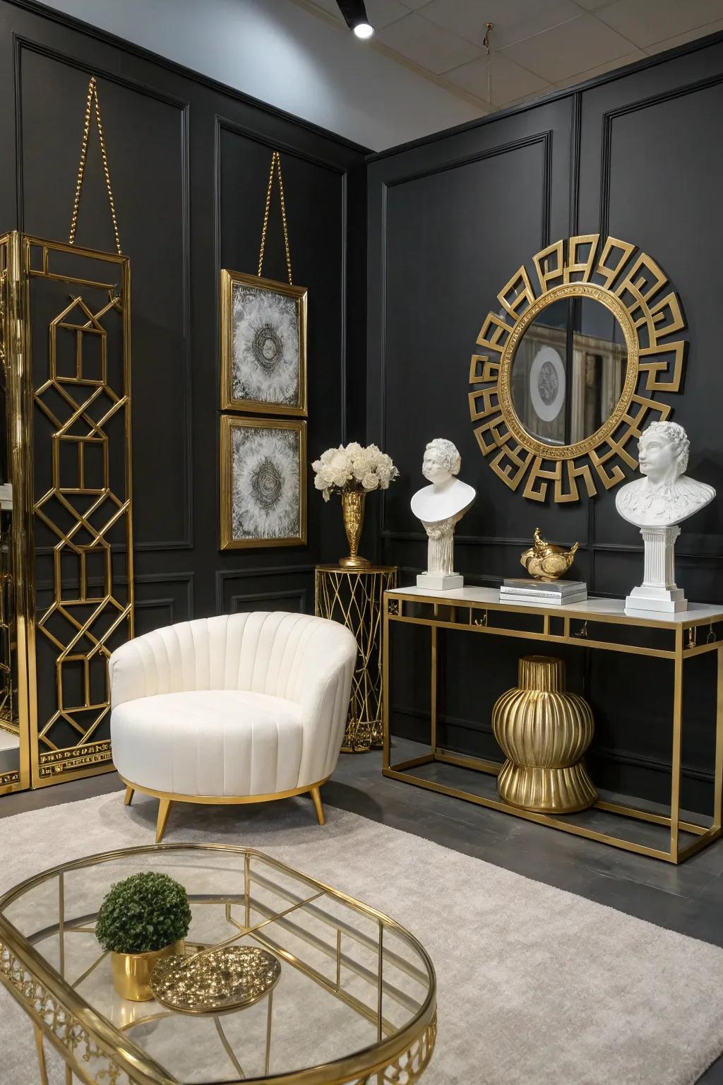 Dark-toned room with gilded and ivory details creating an eye-catching contrast.