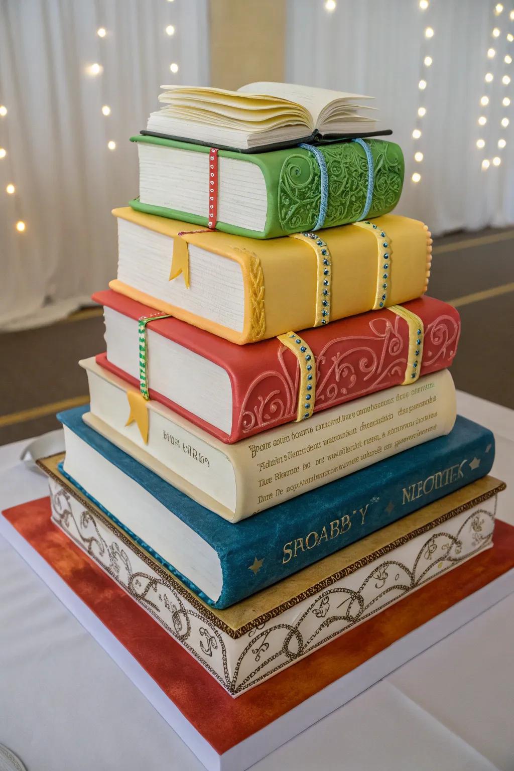 A cake meticulously designed to resemble a stack of beloved books.