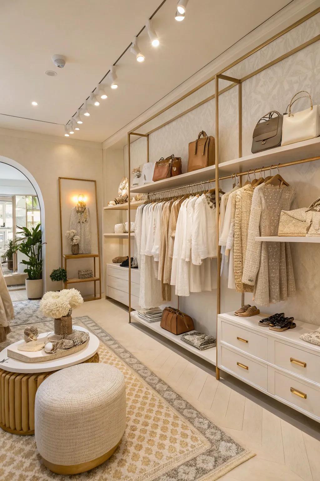 A boutique interior styled with a soft, neutral palette, projecting an aura of comfort and refinement.