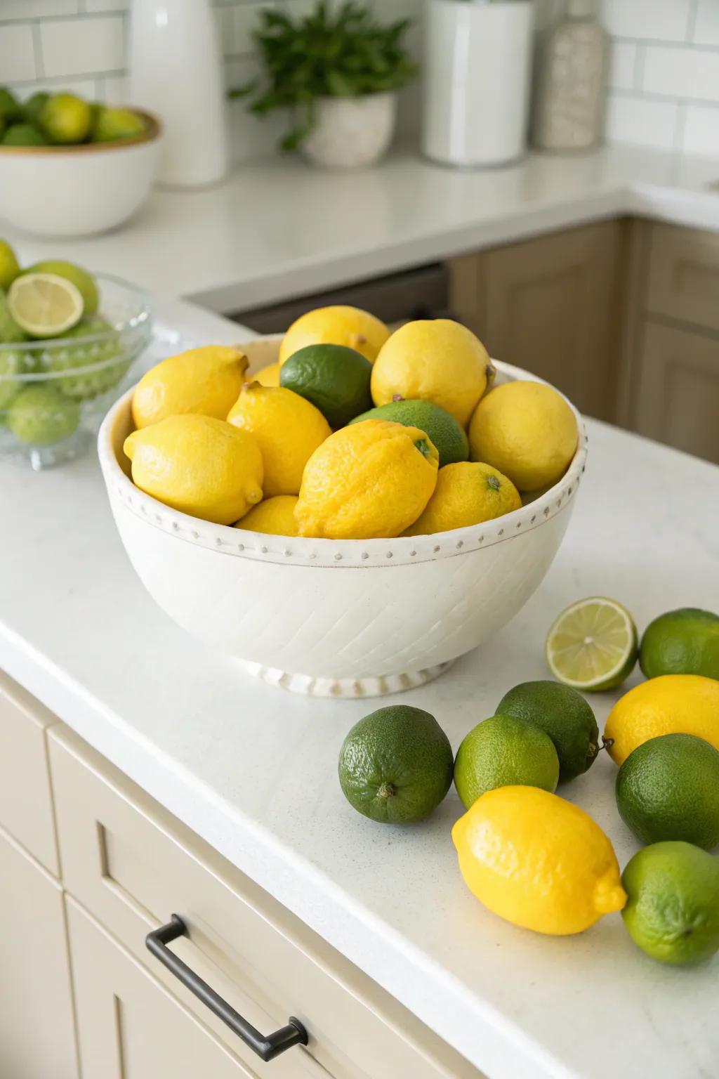 A ceramic bowl brimming with vibrant lemons and limes