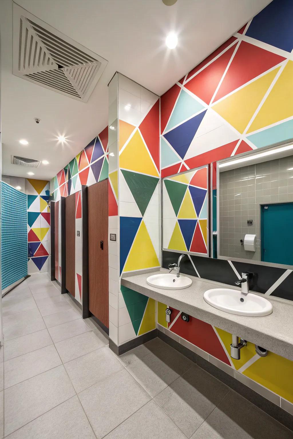 A modern boys' bathroom with geometric themed decor.