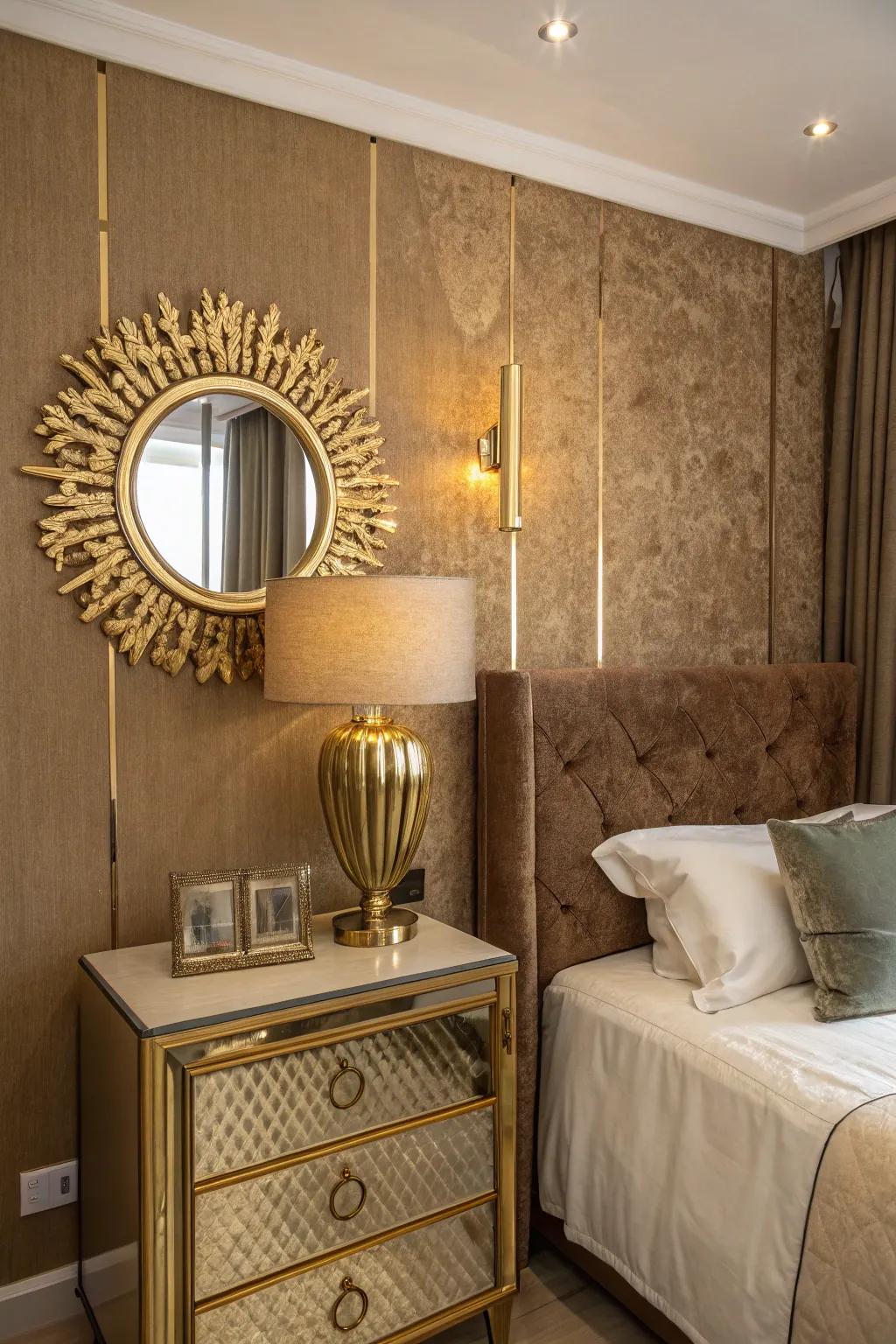 Gold accents in lighting and decor add a luxurious touch.