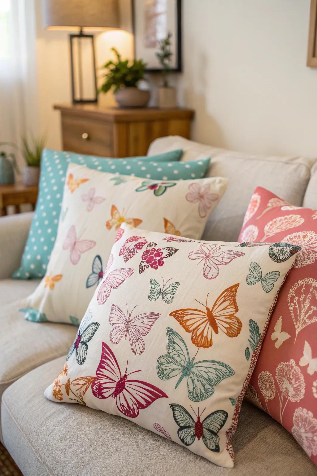 Butterfly pillows add a playful touch to any sofa.