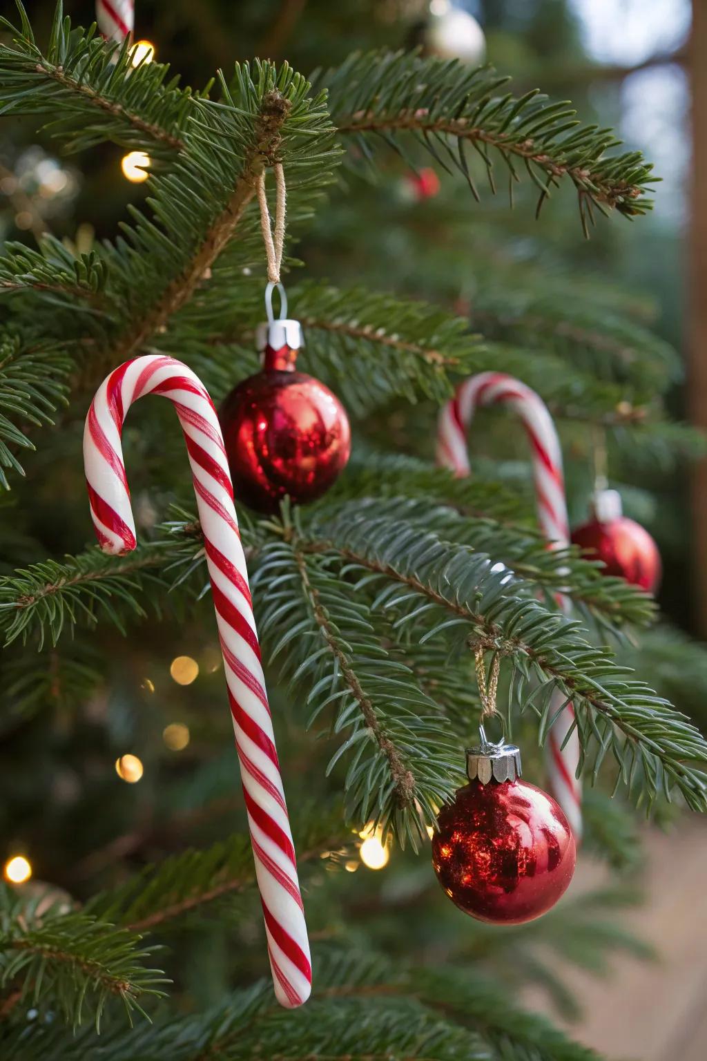 Candy cane ornaments add a sweet touch to this festive tree.