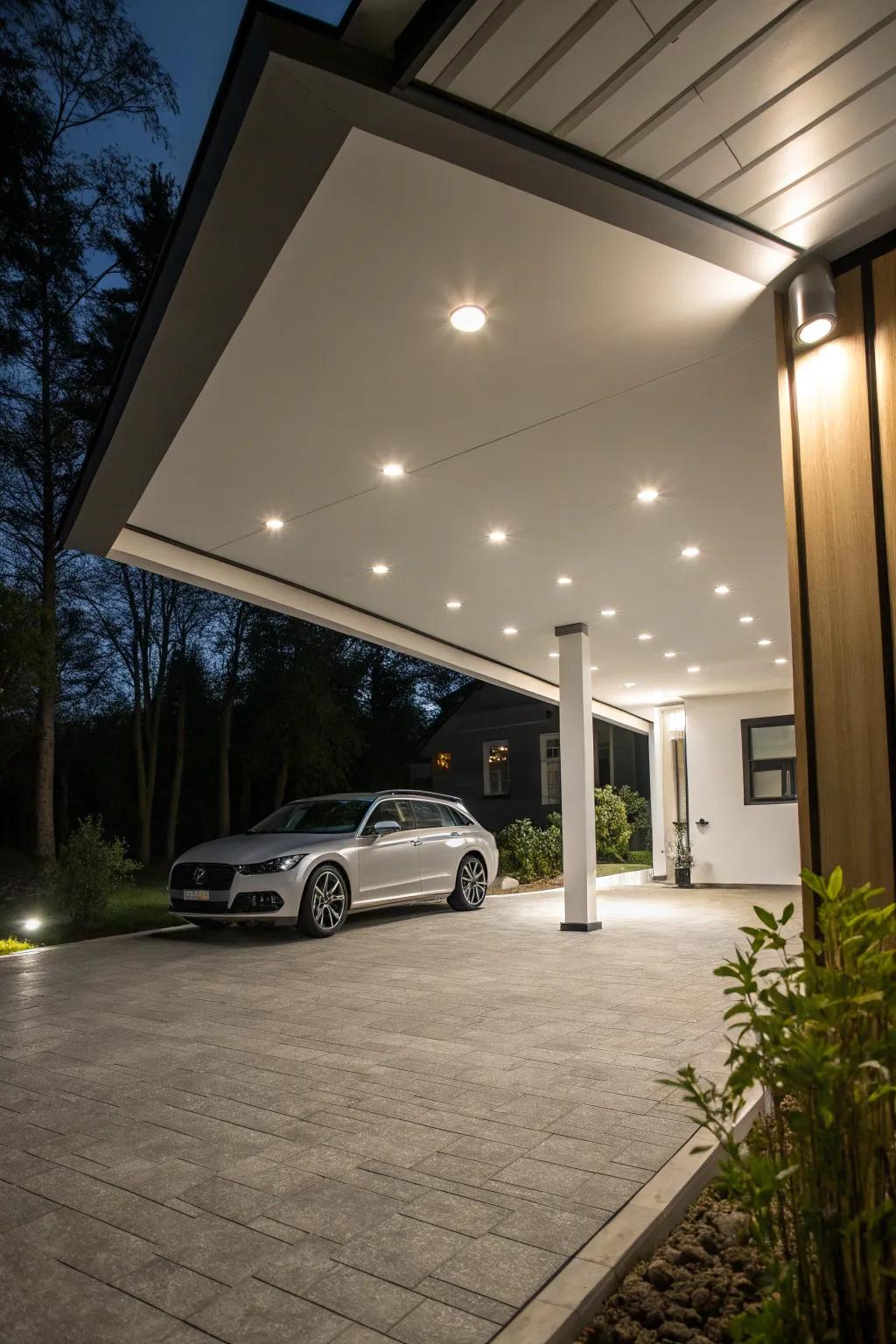 Recessed lighting keeps your carport sleek and bright.