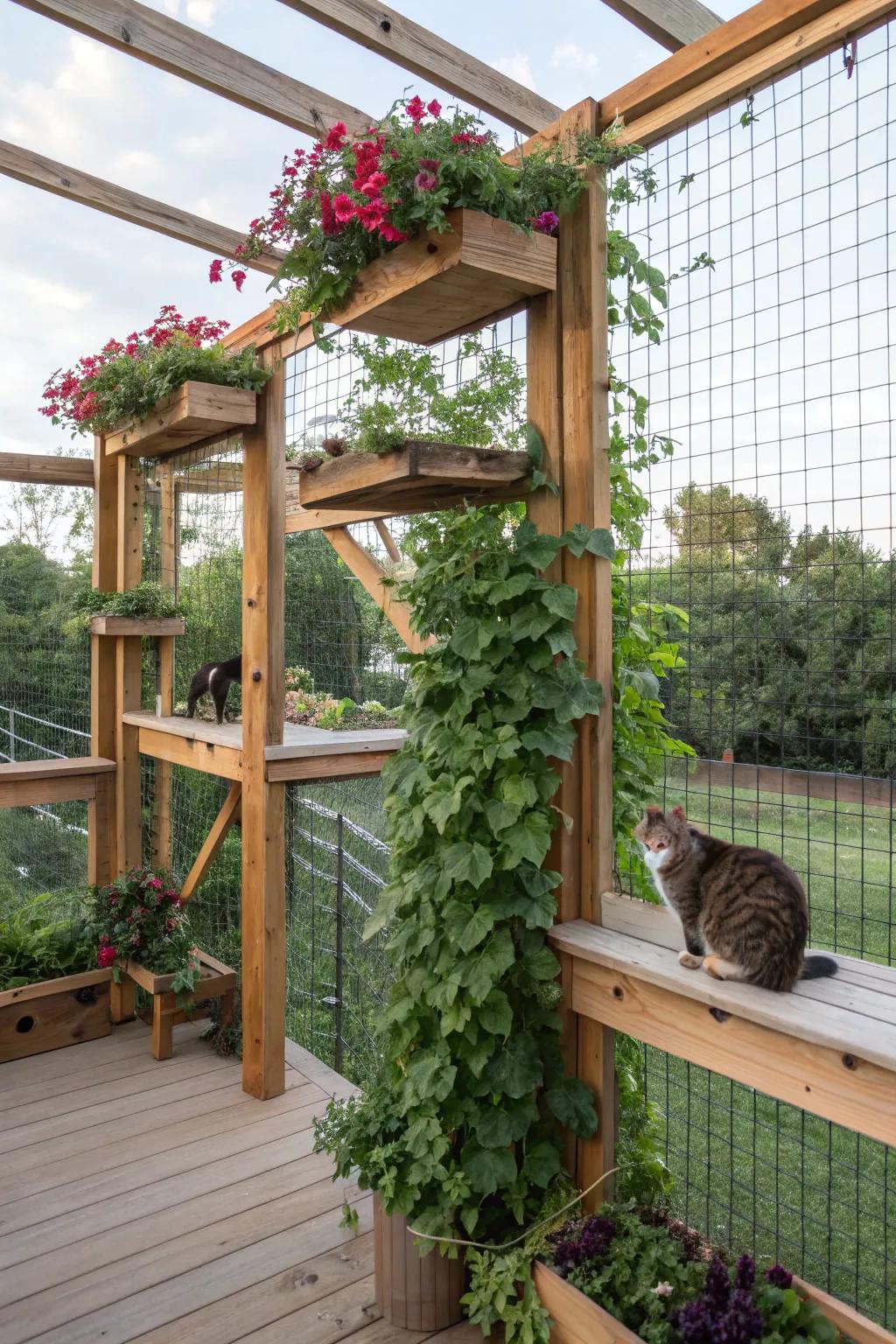 Natural climbing elements integrated into a catio, creating a stimulating and visually attractive atmosphere.