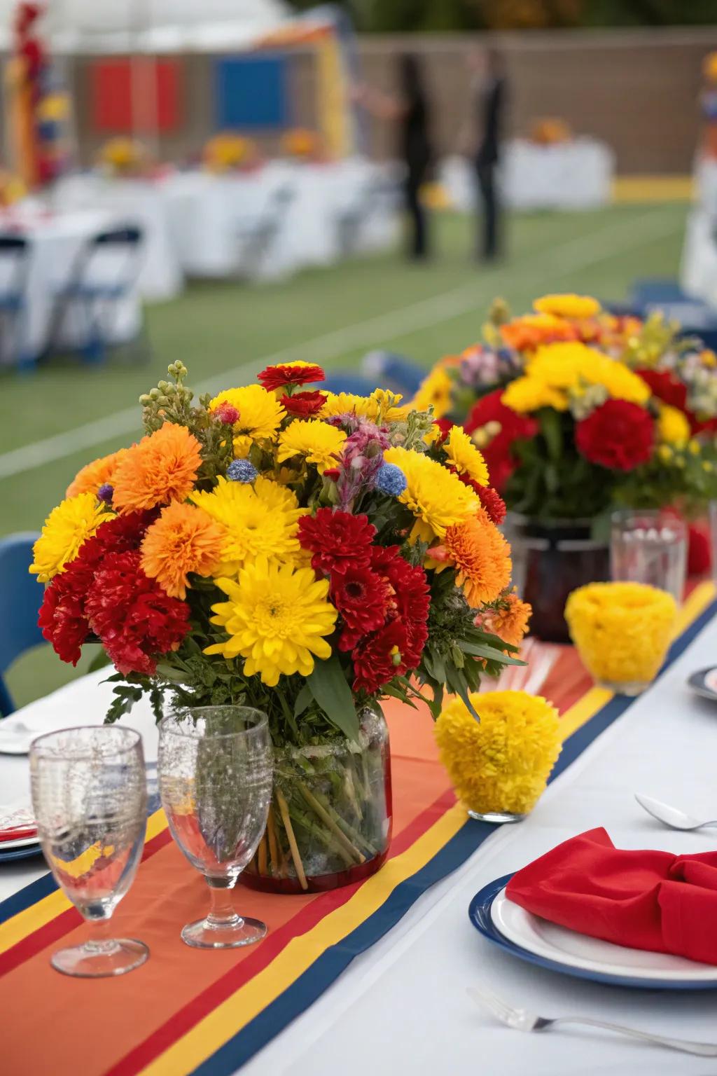 Colorful floral arrangements bring school spirit to the celebration.