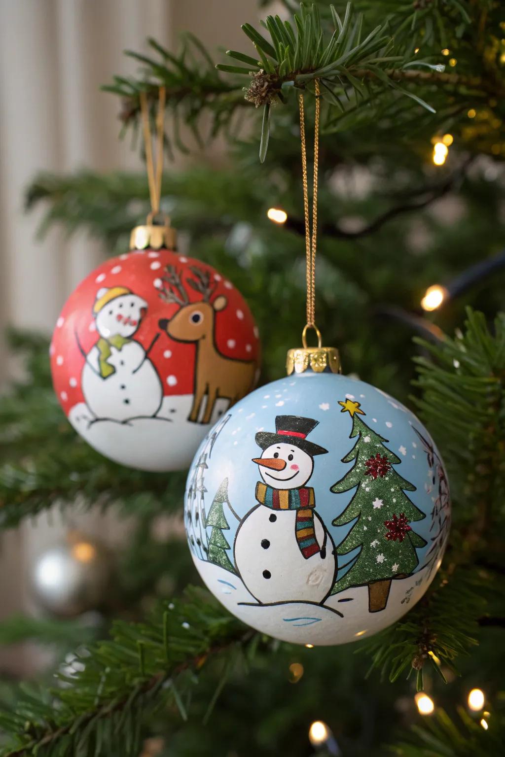 Hand-painted ornaments depicting seasonal personalities give allure to your decorations.