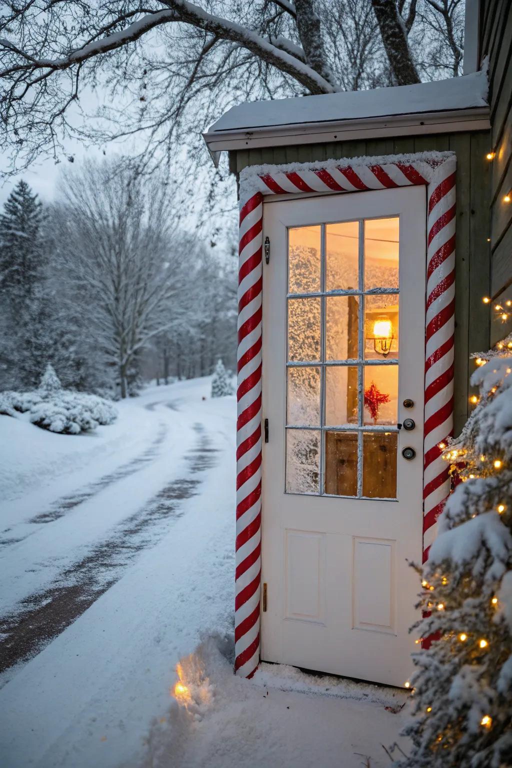 Candy cane stripes add a playful touch to this festive door.