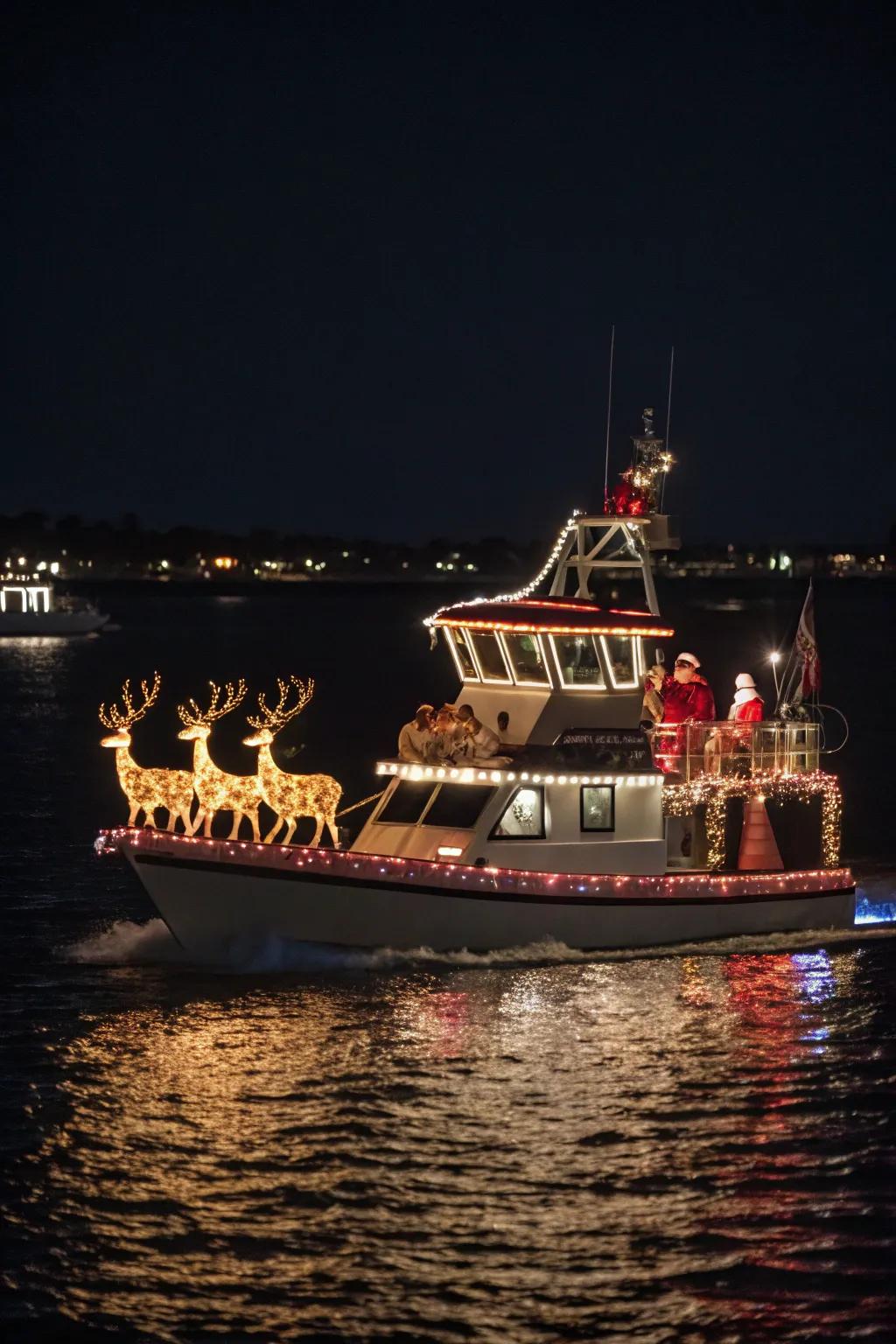 A boat creatively designed as Santa's sleigh, leading the parade with style.