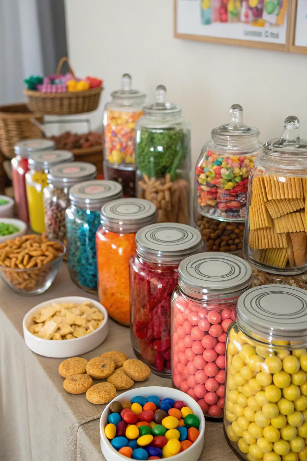 A vibrant snack buffet with colorful candies and treats.