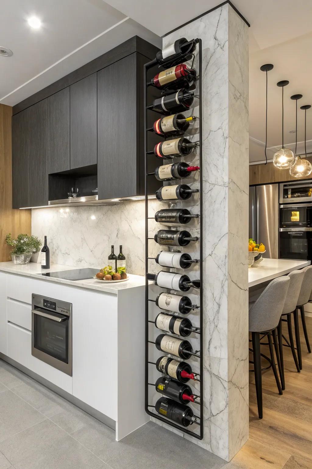 Vertical wine racks provide ingenious storage approaches.
