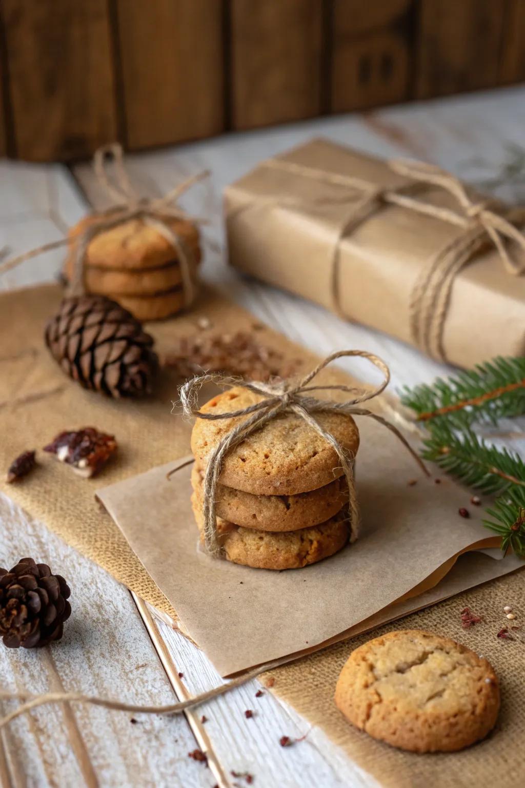 Rustic twine wraps add a warm, homemade touch to cookie gifts.