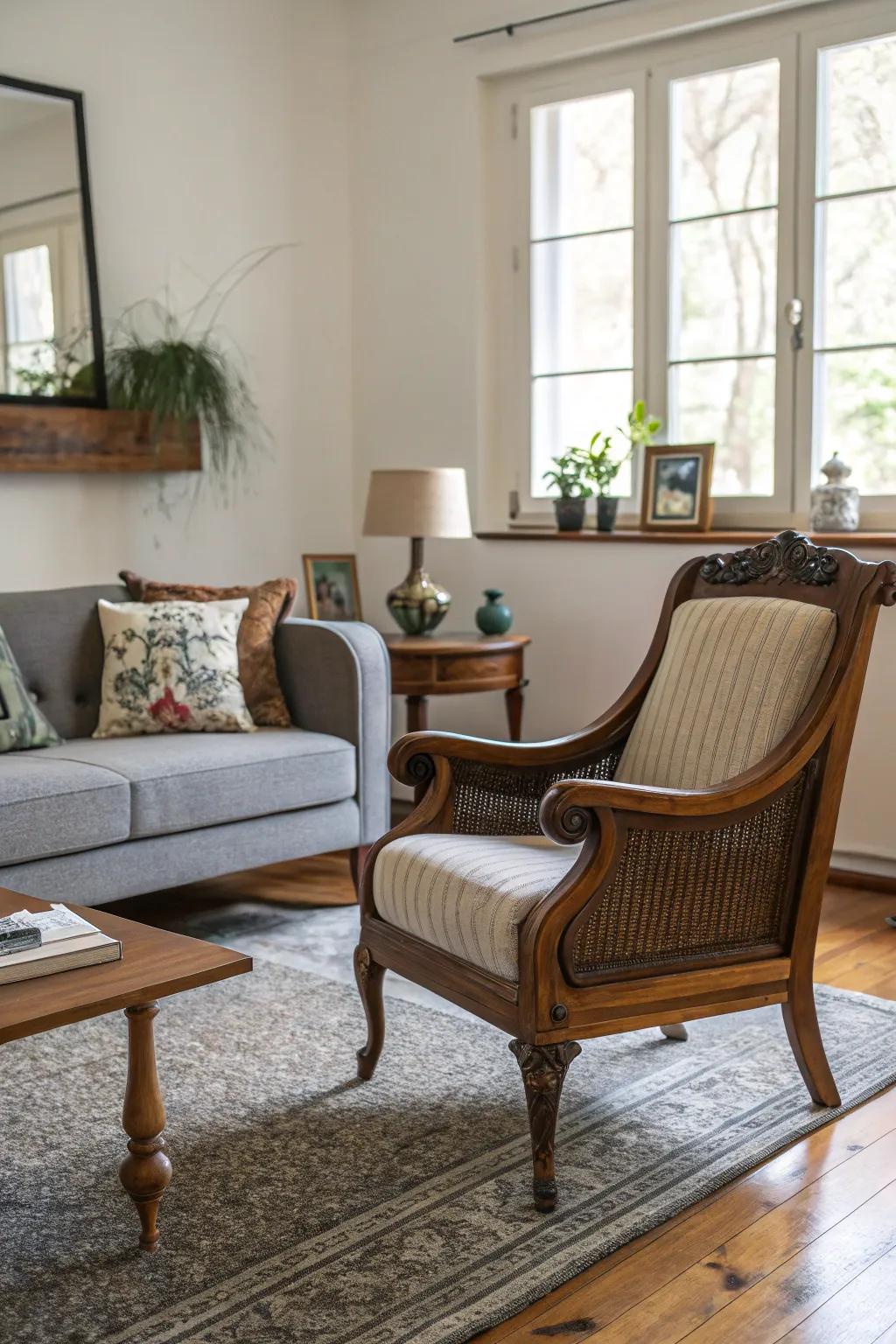 A thoughtfully arranged living room with a mix of vintage and modern furniture.